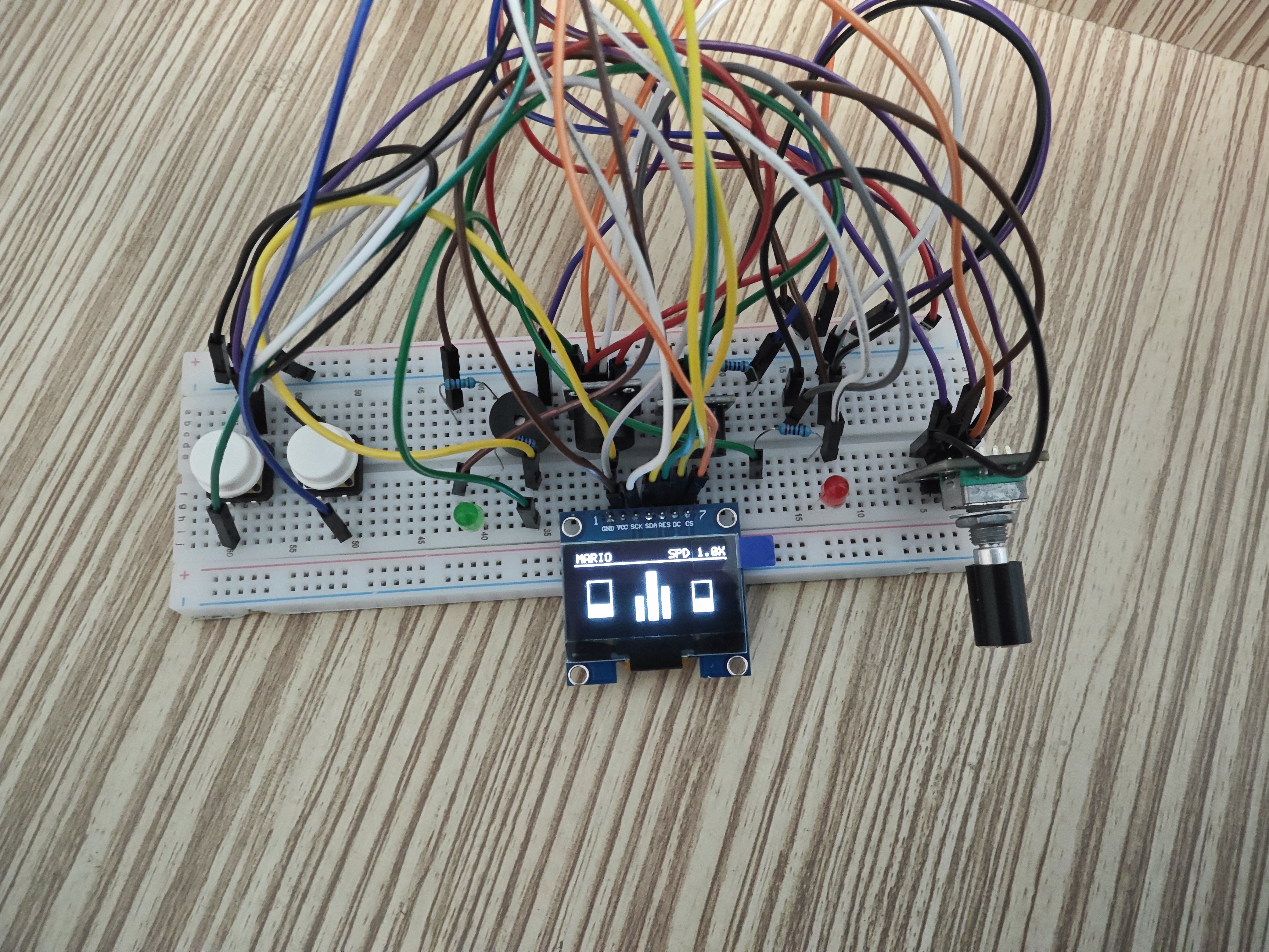Active 1.3-inch SPI OLED visualizer running at 30 FPS on the breadboard
